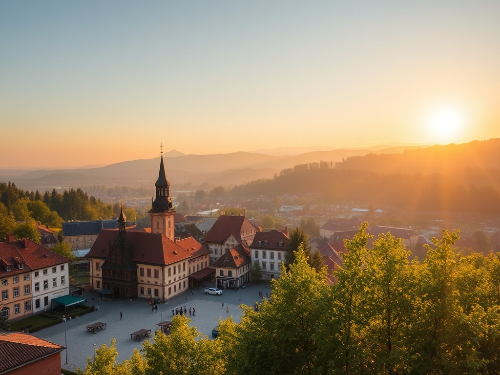 Malowniczy widok na Suchą Beskidzką z otaczającymi ją zielonymi wzgórzami Beskidu Małego.